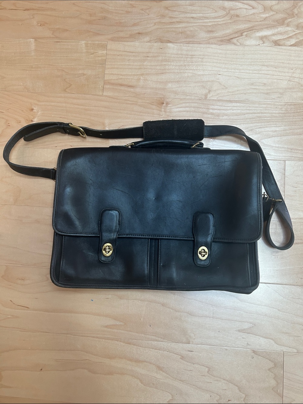 Coach Black Leather Laptop Messenger with Gold Hardware Accents